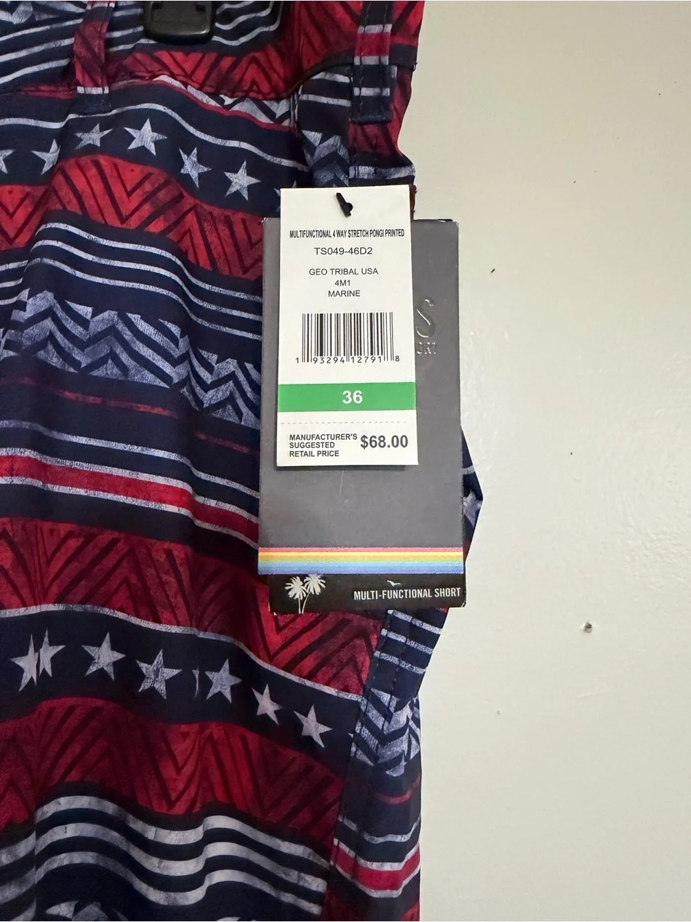 Tribal Red and Navy Geometric Star-Print Flat Front Men's Shorts